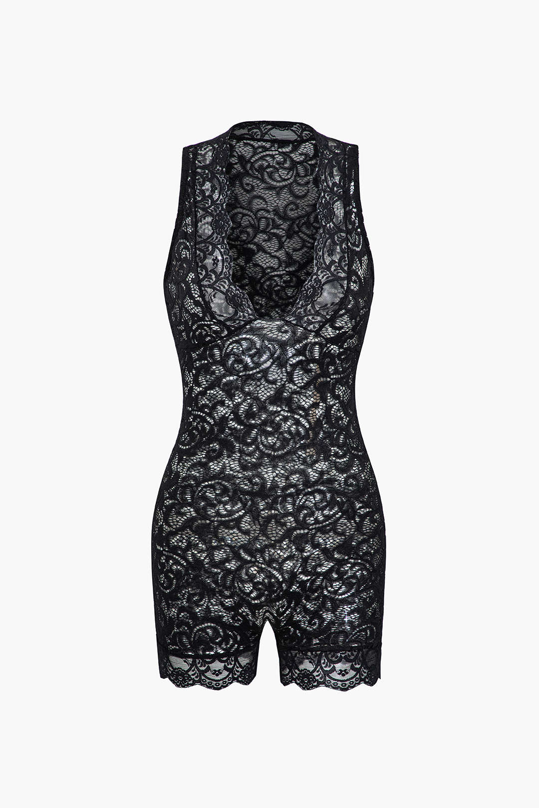 Lace Sheer V-Neck Sleeveless Romper