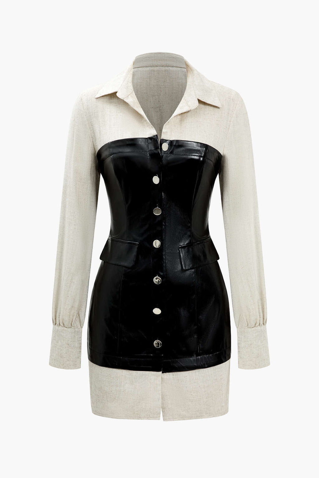 Düğmeli Patchwork Deri Mini Elbise