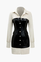 Düğmeli Patchwork Deri Mini Elbise