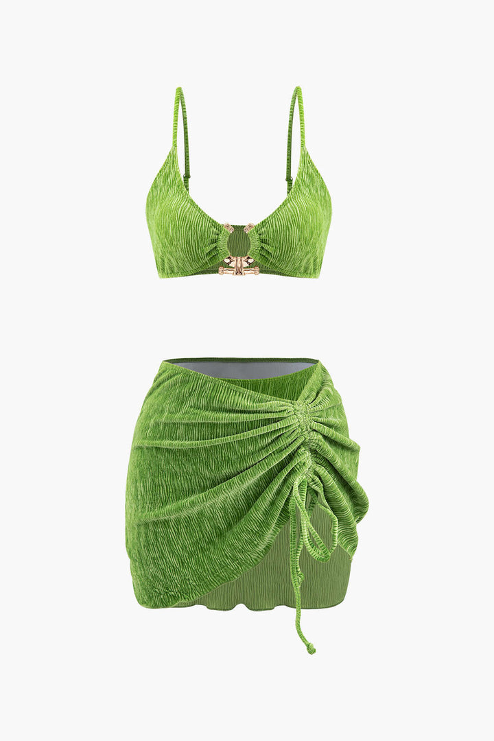 Kadife Dokulu U Yüzük Bikini ve Mayo Eteği Pareo 3 Parça Takım