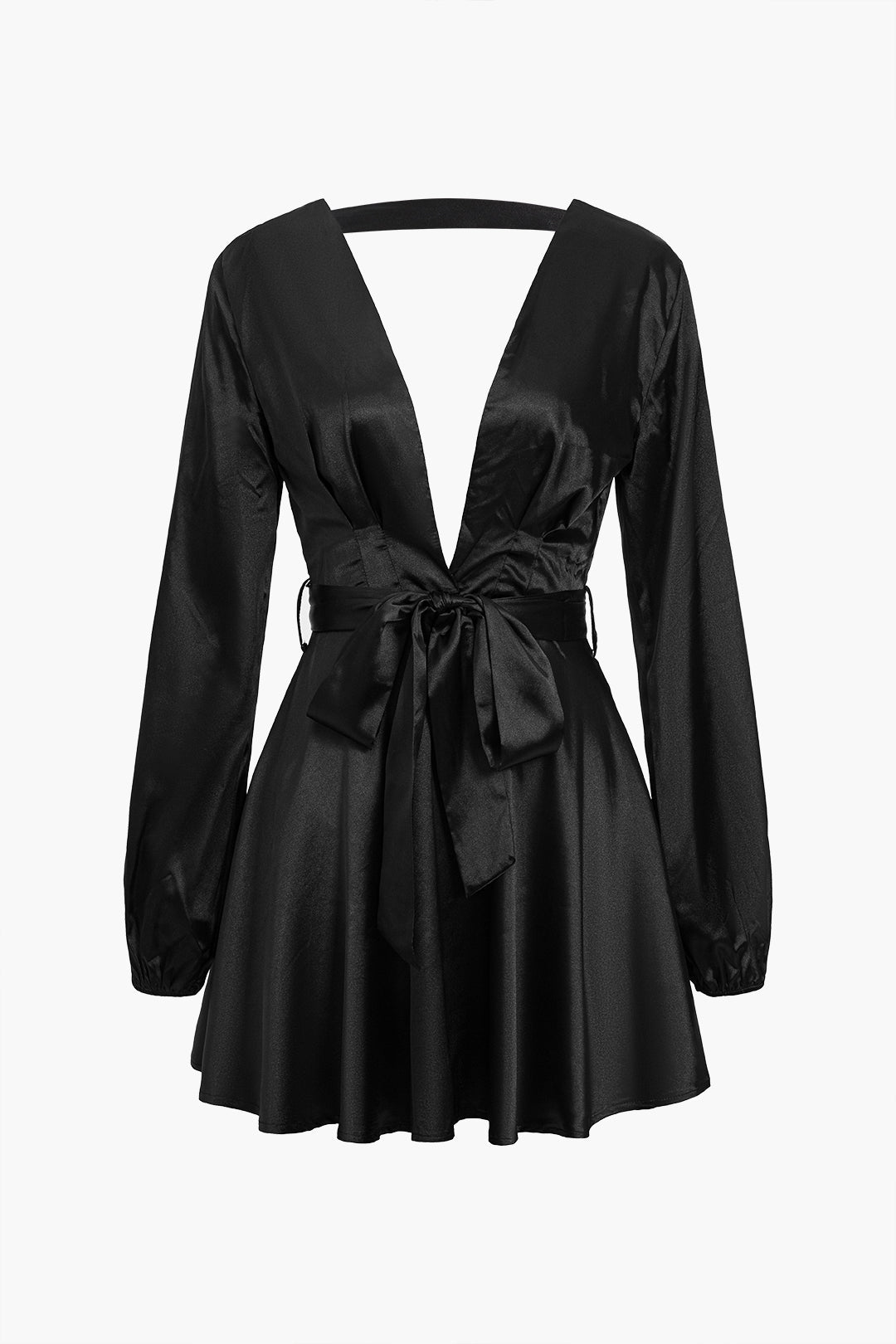 Saten Sırtı Açık Kuşaklı V Yaka Mini Elbise