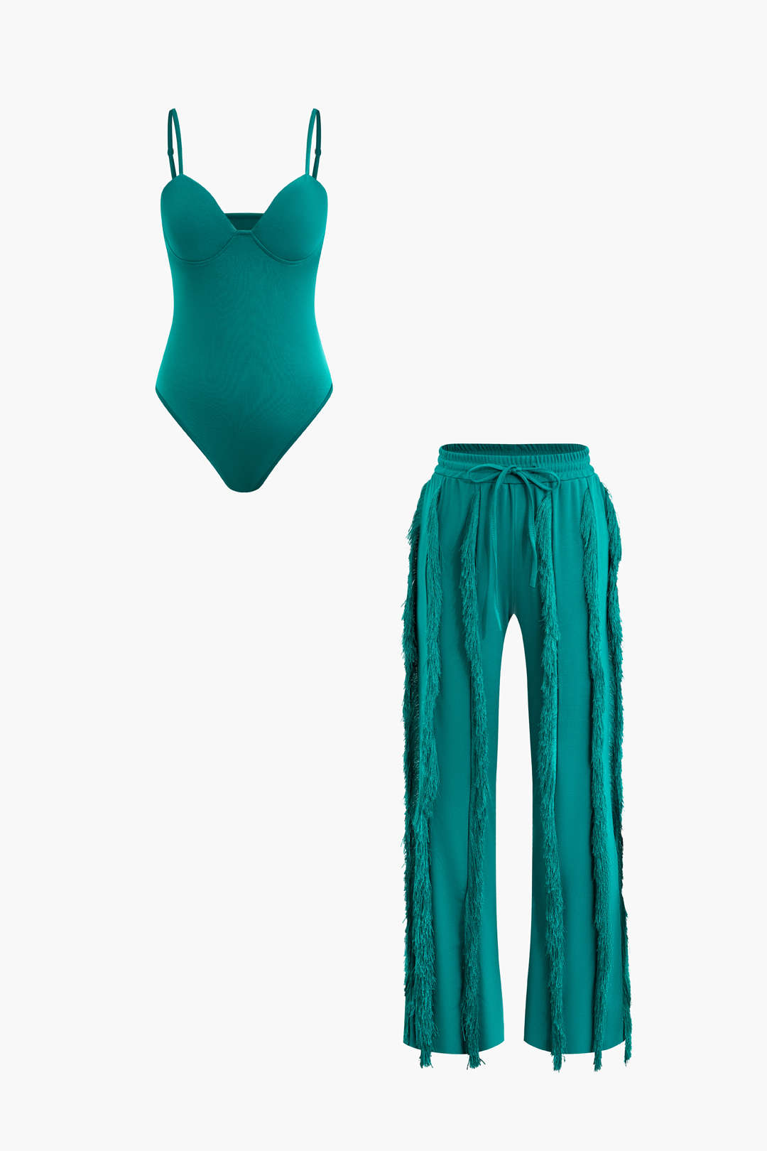 Büstiyer Askılı Bodysuit ve Geniş Paça Pantolon Seti