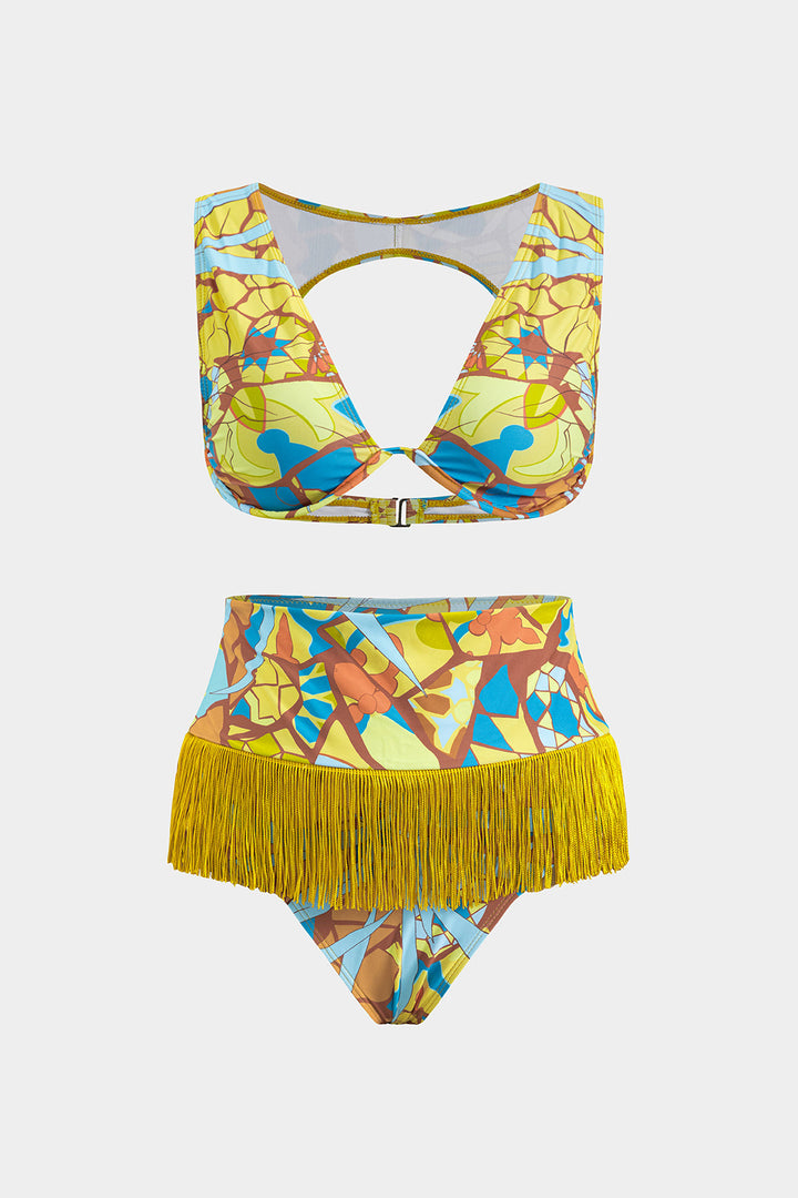 Tropikal Desenli Püsküllü Sırt Dekolteli Bikini Takımı