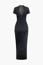 Derin V Yaka Dantelli Kısa Kollu maksi Elbise