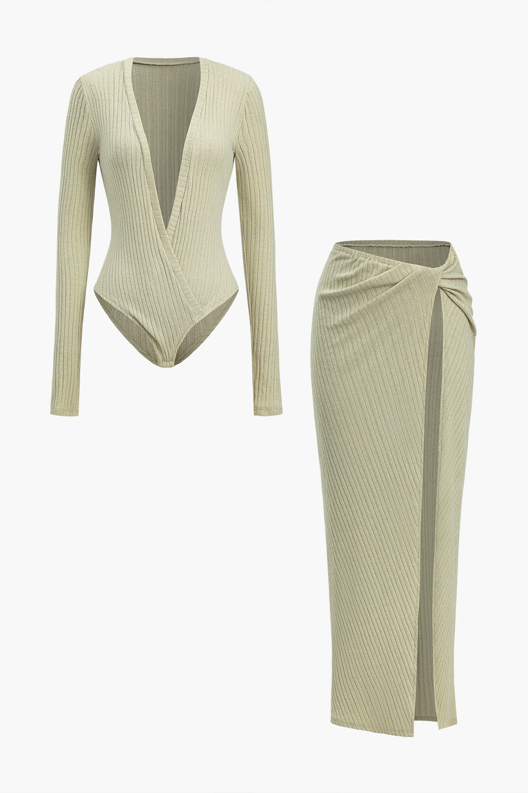 Fleur Bodysuit Ve Yüksek Yırtmaçlı Midi Etek TakımFitilli V Yaka Bodysuit Ve Yüksek Yırtmaçlı Midi Etek Takım