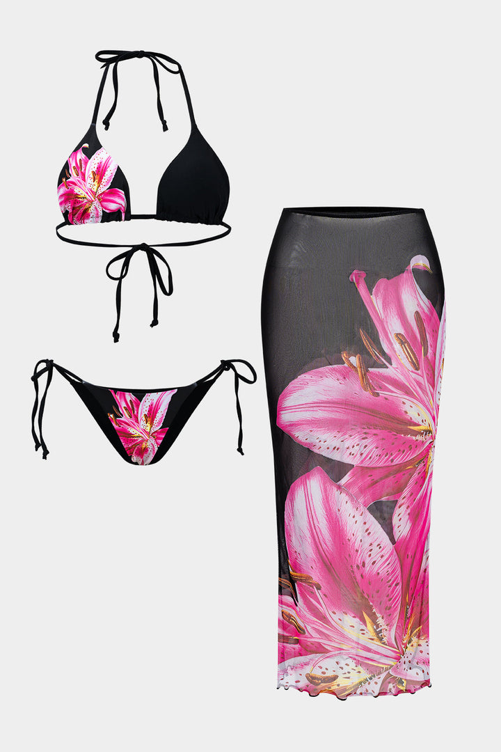 Desenli Bikini ve Mayo Eteği Pareo Takımı