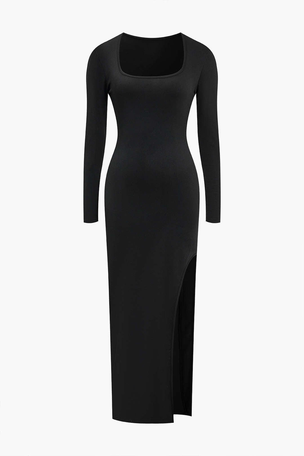 Düz Yüksek Yırtmaçlı Kare Yaka Midi Elbise