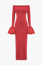 Katı Saten Düşük Omuz Yırtmaçlı maksi Elbise