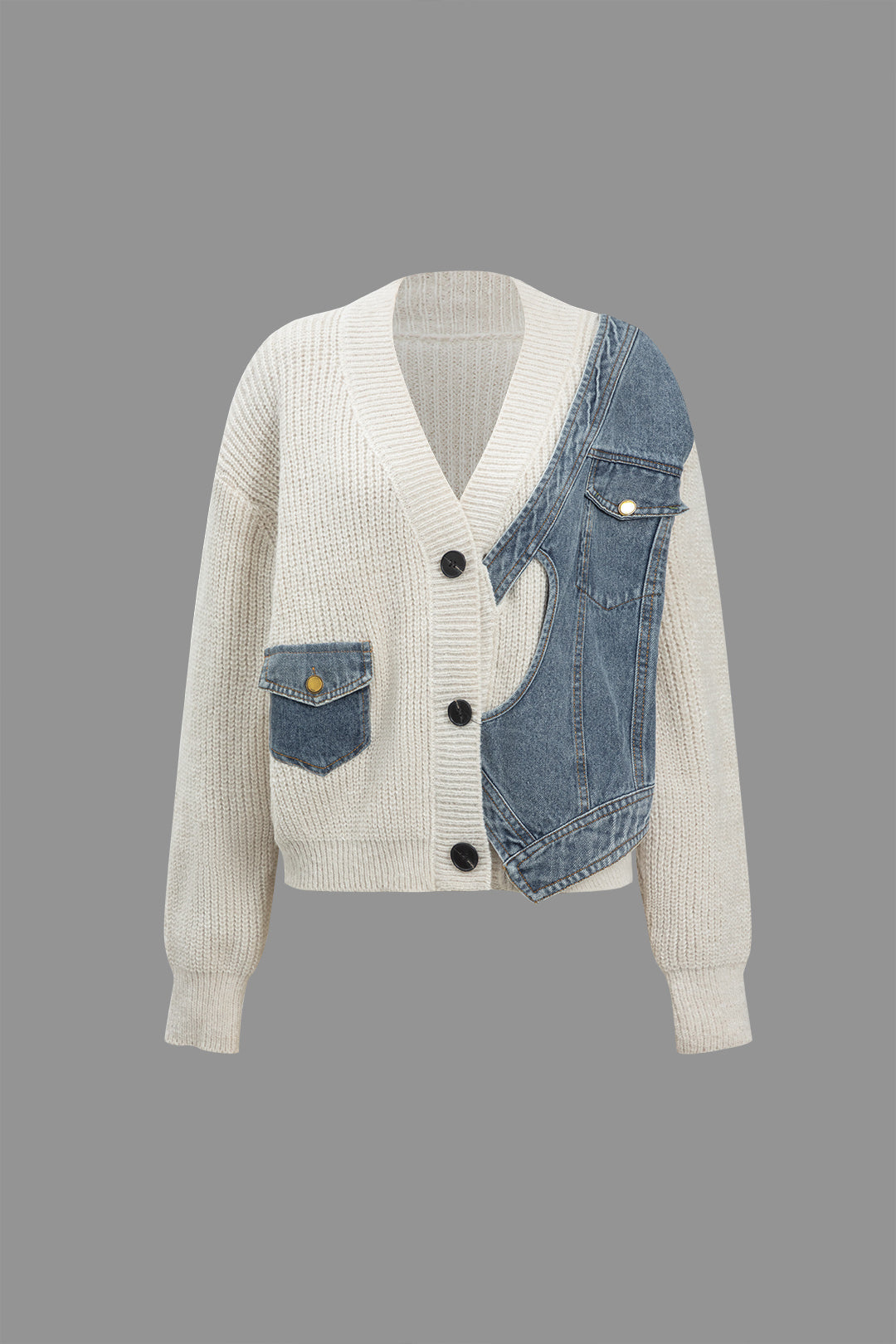 Patchwork Denim Örgü Renkli Blok Düğmeli Asimetrik Cepli Hırka