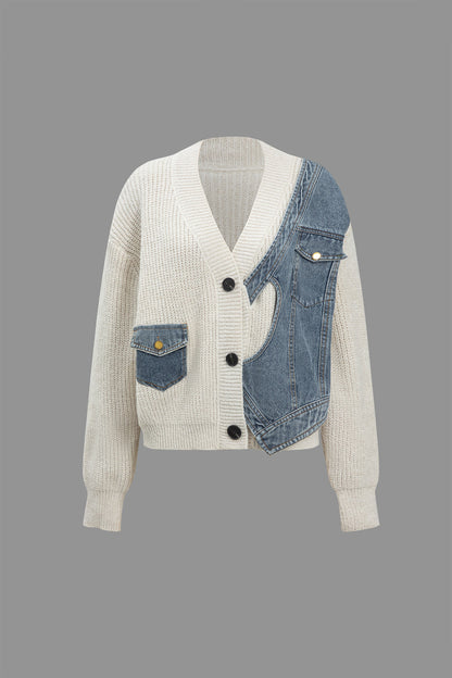 Patchwork Denim Örgü Renkli Blok Düğmeli Asimetrik Cepli Hırka