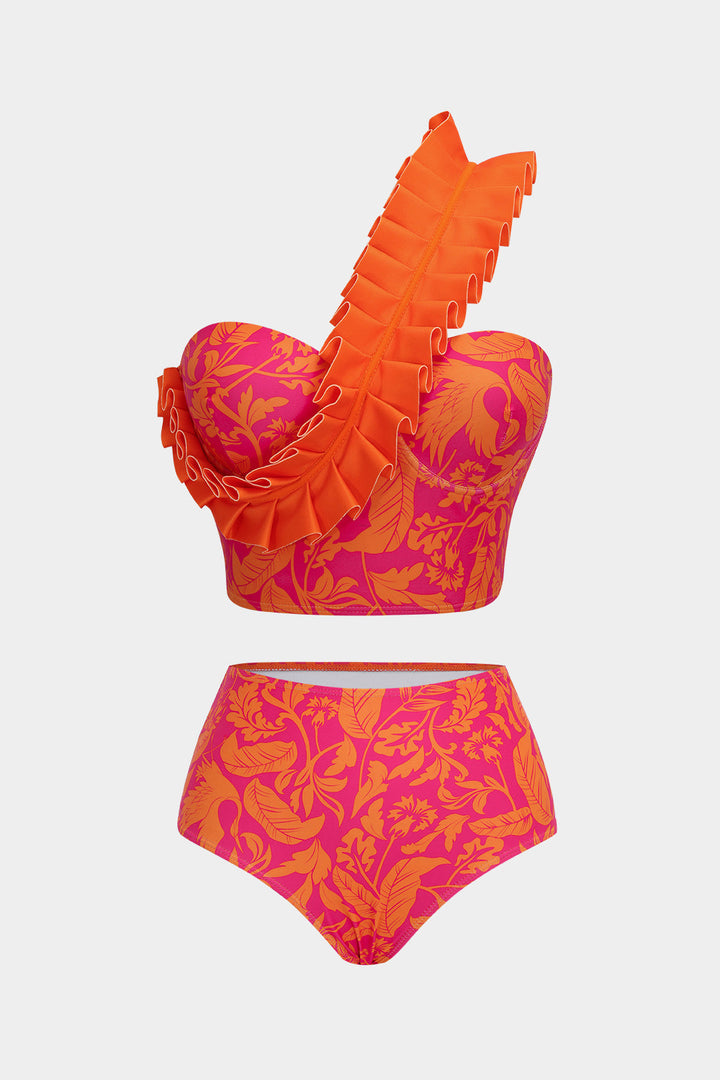 Yaprak Desenli Volanlı Büstiyer Bikini Takımı
