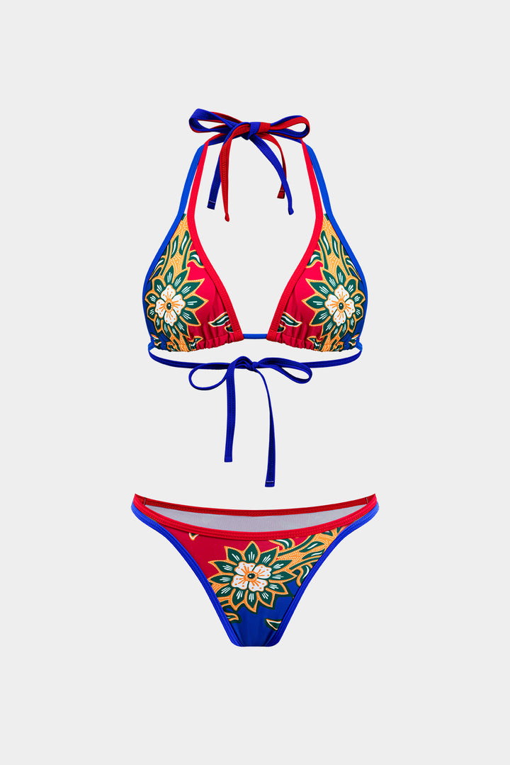Çiçek Desenli Büzgülü Bağlamalı Bikini ve Mayo Eteği Pareo Takım