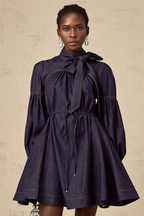 Mirabel koyu mavi kontrast dikişli denim mini elbise