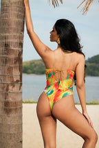 Kontrast Desenli Metal Boncuklu Sırt Dekolteli Bağlamalı Şifon Karın Toparlayıcı Tek Parça Mayo