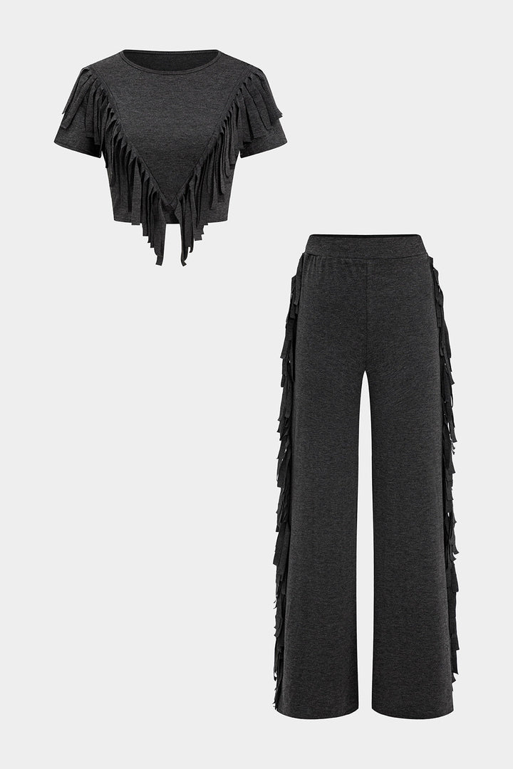 Püsküllü Kısa Kollu Üst ve Bol Paça Pantolon Takım