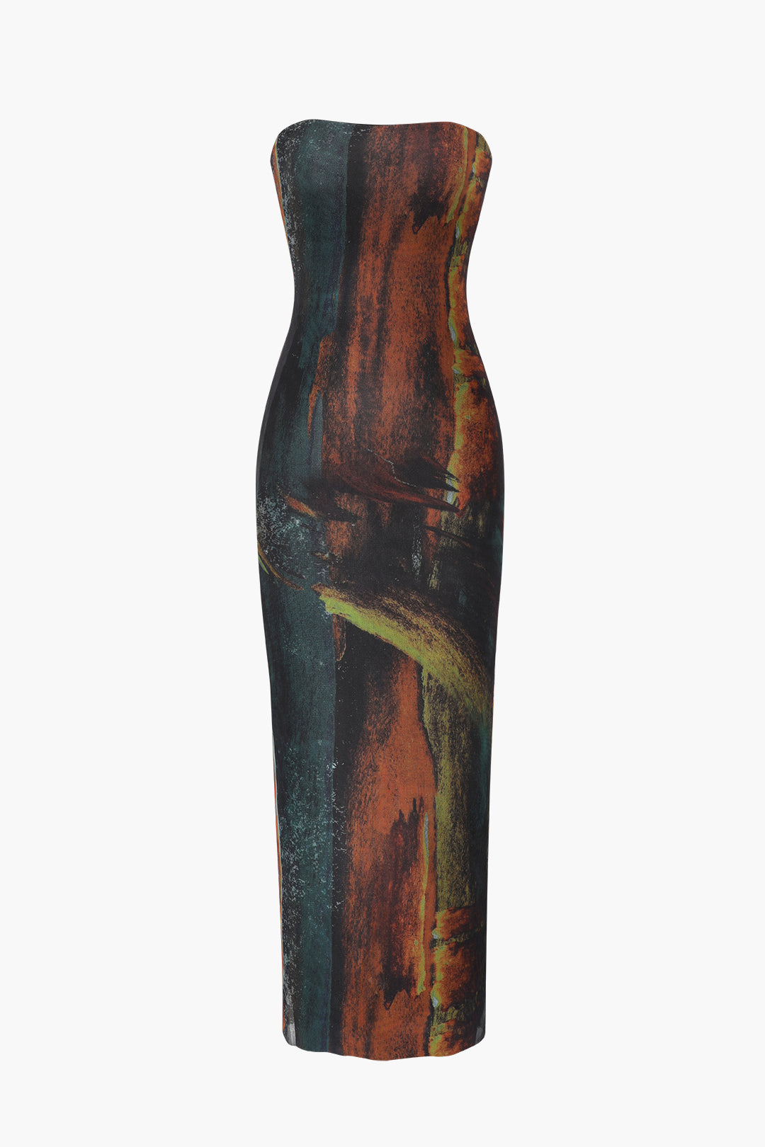 Soyut Desenli File Straplez Midi Elbise