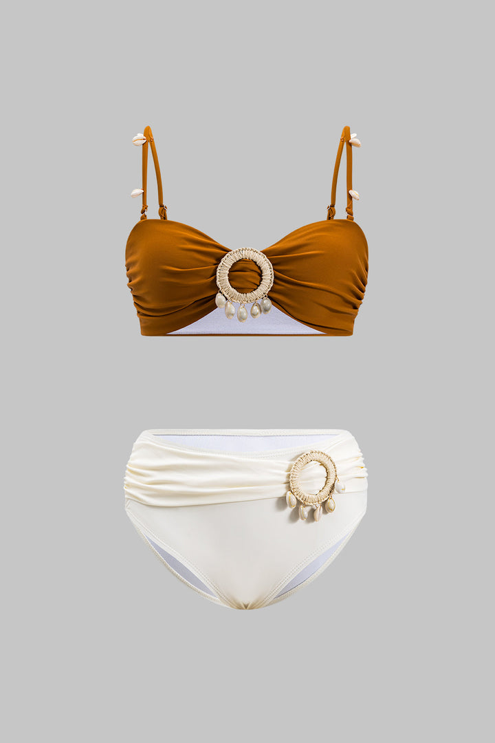 Kontrast Kabuk Dekorlu Kırışık Bikini Takımı