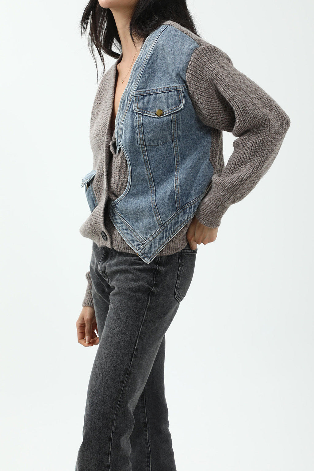 Patchwork Denim Örgü Renkli Blok Düğmeli Asimetrik Cepli Hırka