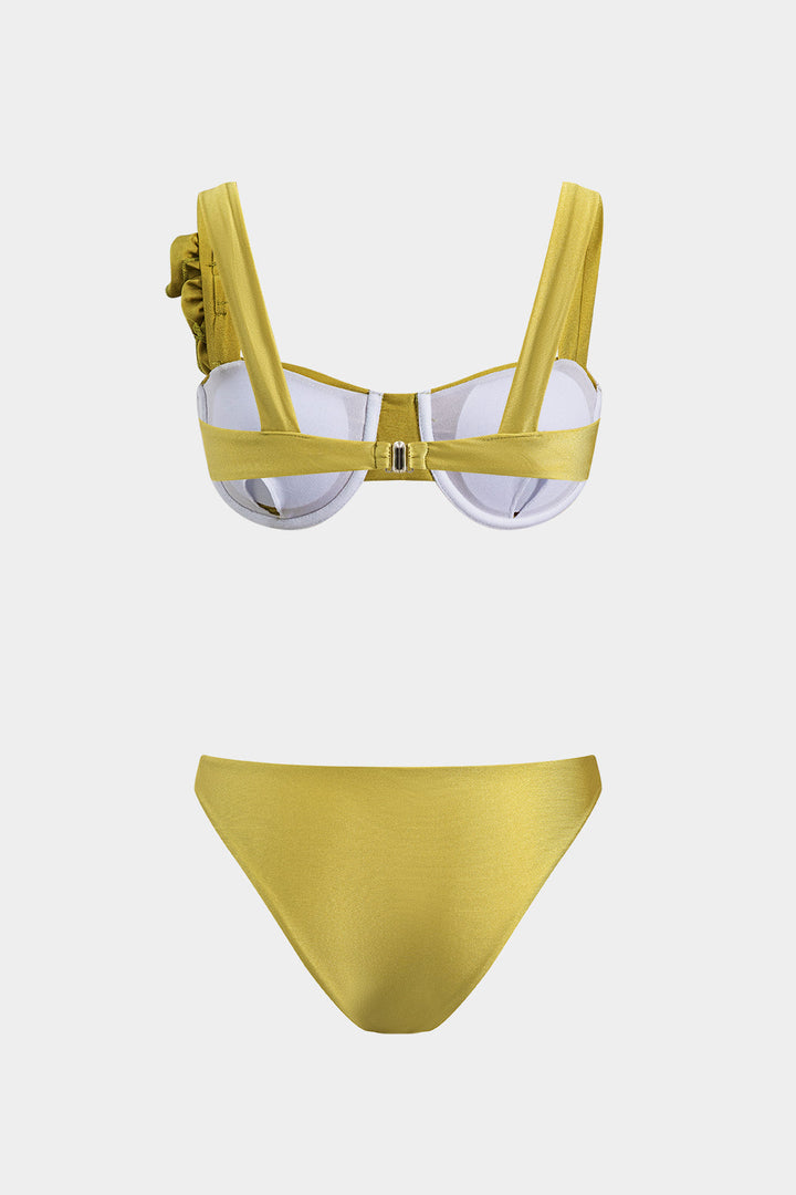 3D Çiçek Büzgülü Bikini ve Mayo Eteği Pareo 3 Parça Takım