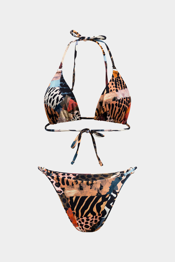 Leopar Desenli Bağcıklı Sırtı Açık Bikini Takımı