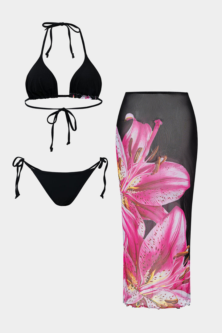Desenli Bikini ve Mayo Eteği Pareo Takımı