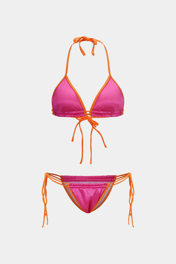 Kontrast Bağlamalı Sırt Dekolteli Bikini Takımı