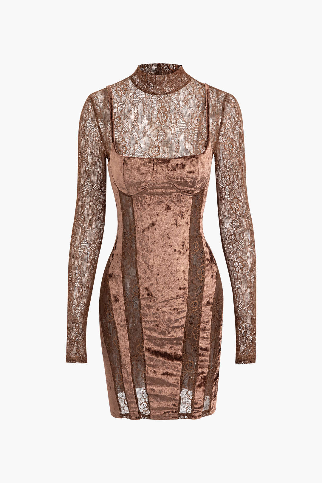 Dantel Panelli Kadife Balıkçı Yaka Uzun Kollu Mini Elbise