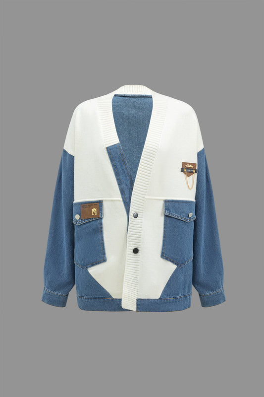 Denim Patchwork Cepli Kazak Hırka