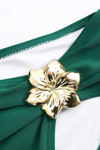 Metalik Dekorlu Büzgülü Bağlamalı Sırt Dekolteli Bikini Takımı