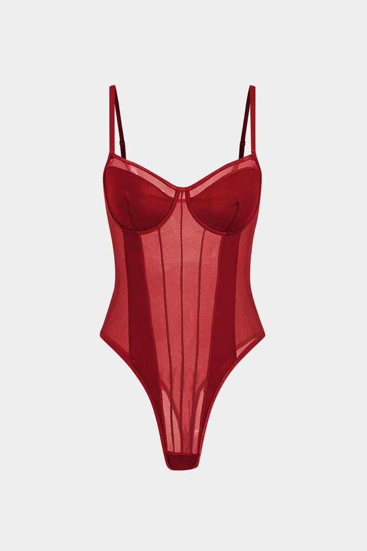 Ağ Detaylı Sırt Açık Şeffaf Patchwork Korseli Askılı Bodysuit