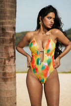 Kontrast Desenli Metal Boncuklu Sırt Dekolteli Bağlamalı Şifon Karın Toparlayıcı Tek Parça Mayo