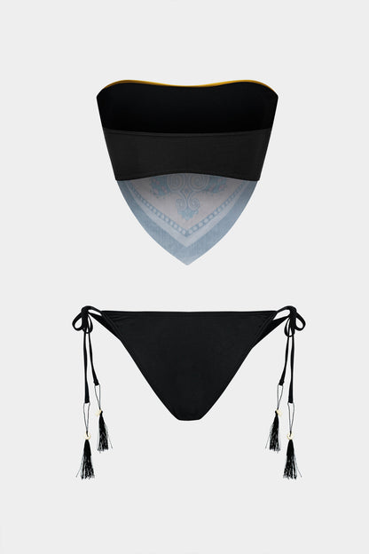 Desenli Kontrast Renk Bloklu Bağlamalı Bikini Takımı