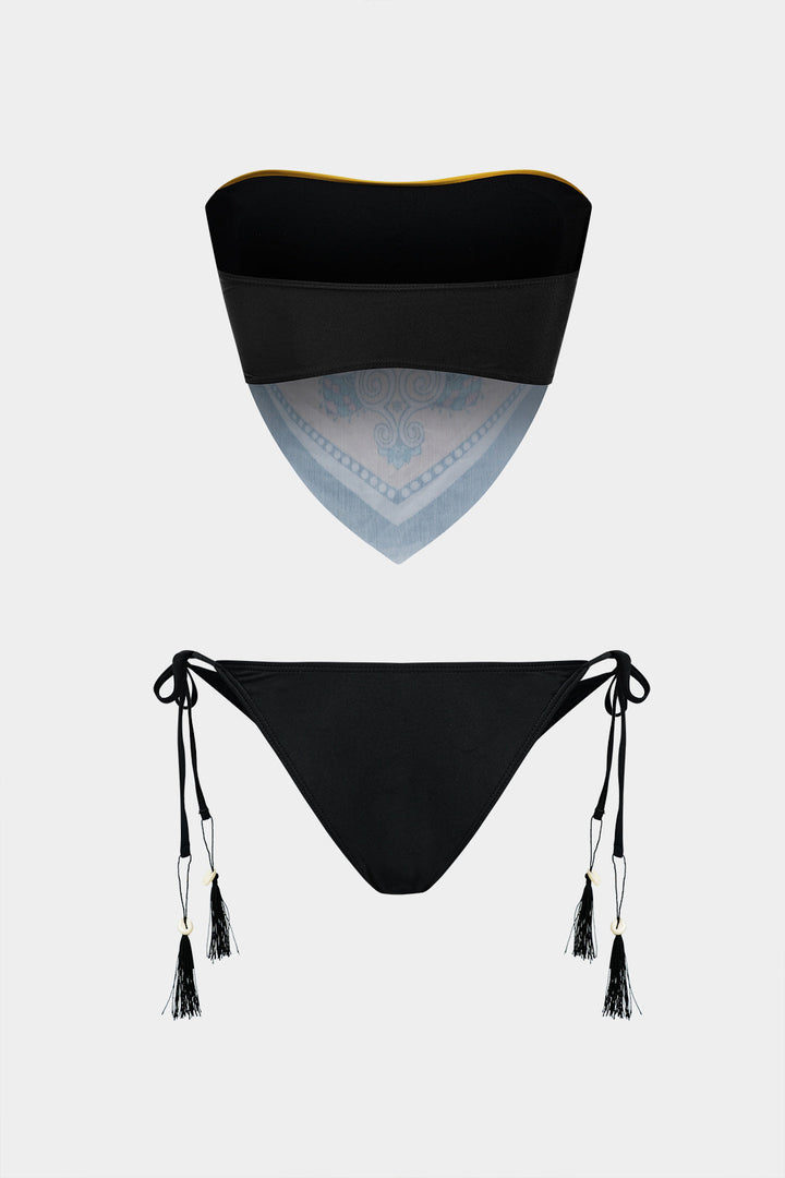 Desenli Kontrast Renk Bloklu Bağlamalı Bikini Takımı