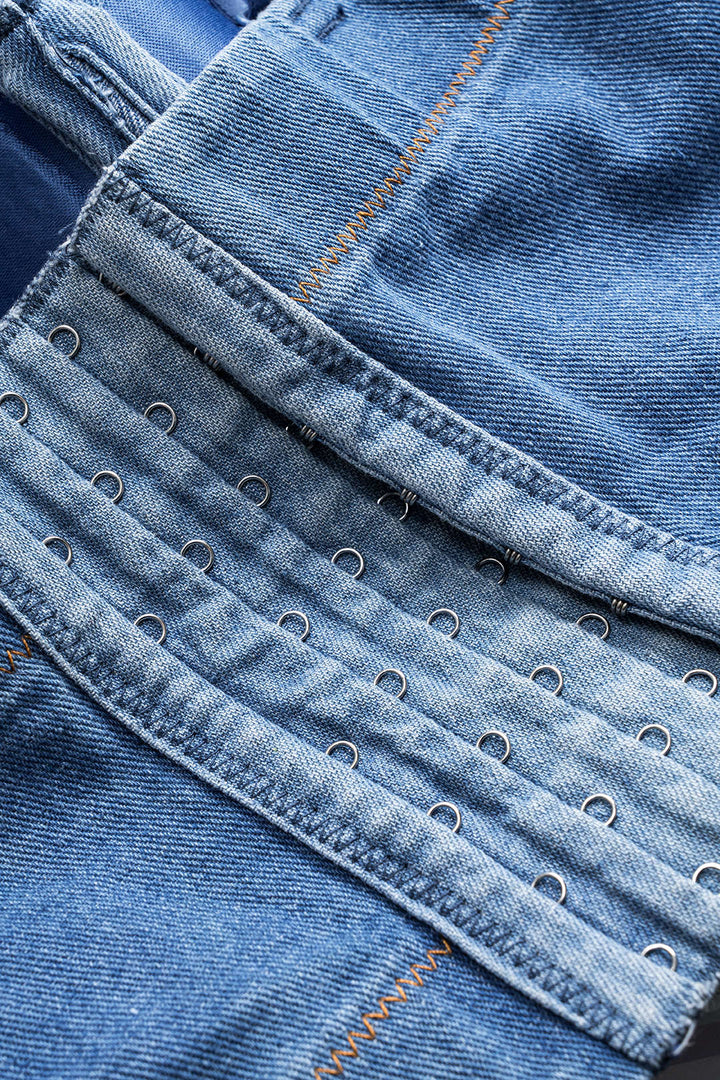 Denim Straz Taşlı Fringeli Büstiyer Sırt Dekolteli Askılı Üst