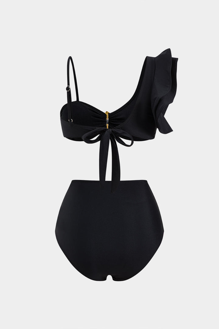 Metalik Dekorlu Volanlı Büzgülü Bağlamalı Şifon Bikini Takımı