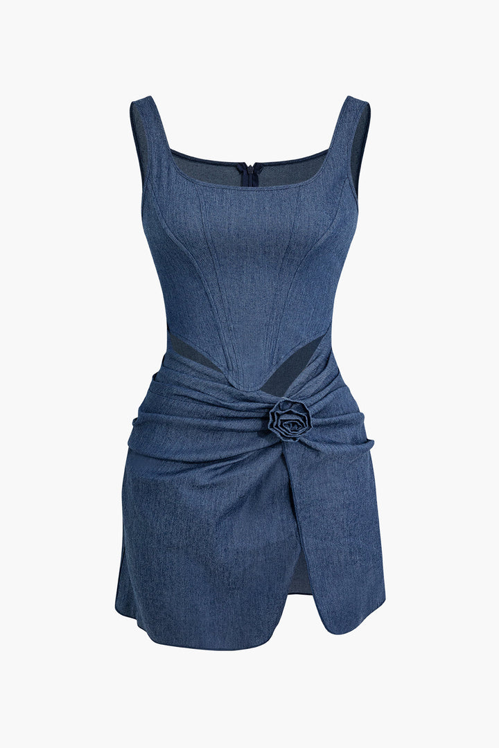 3D Çiçek Dantelli Tank Denim mini Elbise