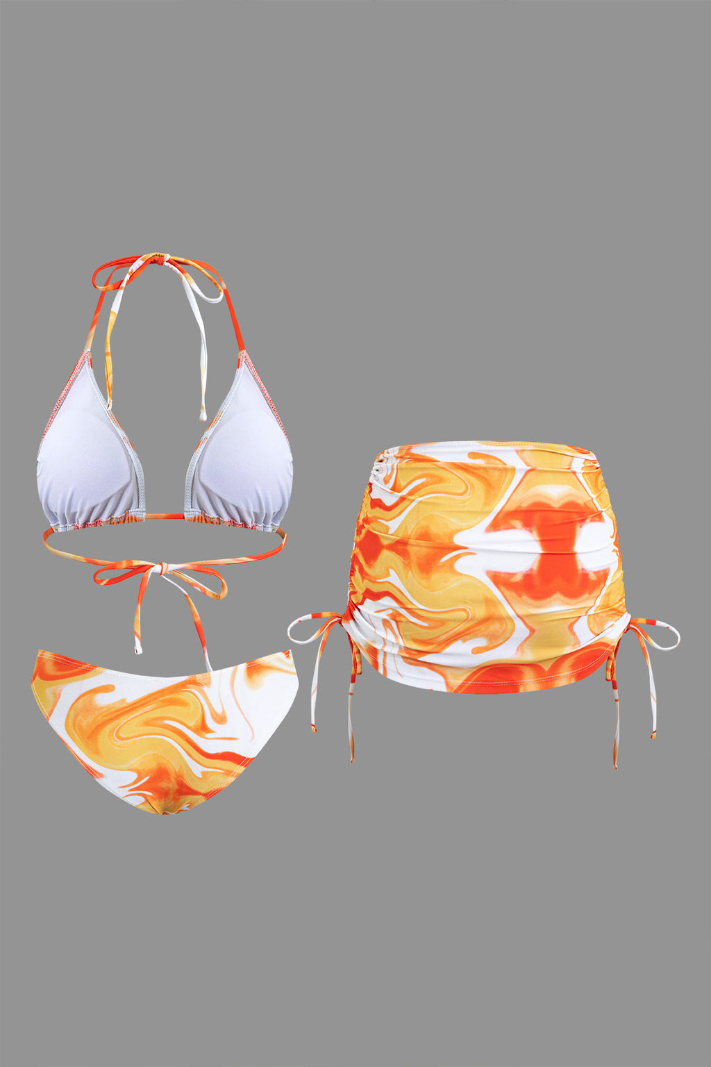 Desenli Sırt Dekolteli Bikini ve Mayo Eteği Pareo Takımı