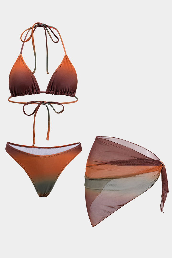 Ombre Baskılı File Bikini ve Mayo Eteği Pareo Takım
