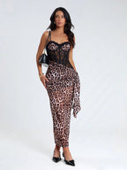 Leopar Desenli Dekolteli Midi Elbise
