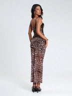 Leopar Desenli Dekolteli Midi Elbise