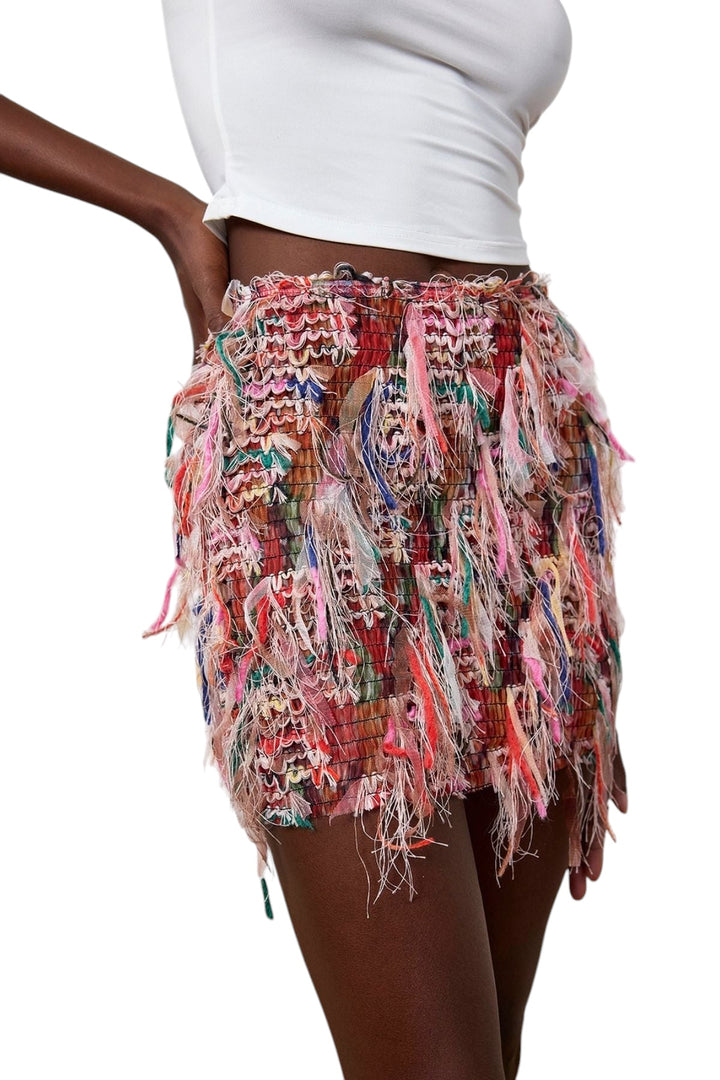 Püskül Detaylı Çizgili Mini Etek