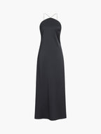 İnci Detaylı Açık Sırtlı Saten Uzun Elbise