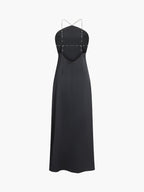 İnci Detaylı Açık Sırtlı Saten Uzun Elbise