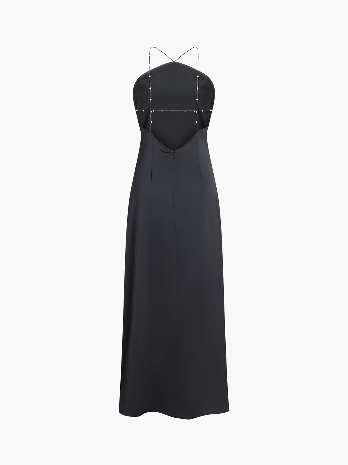 İnci Detaylı Açık Sırtlı Saten Uzun Elbise