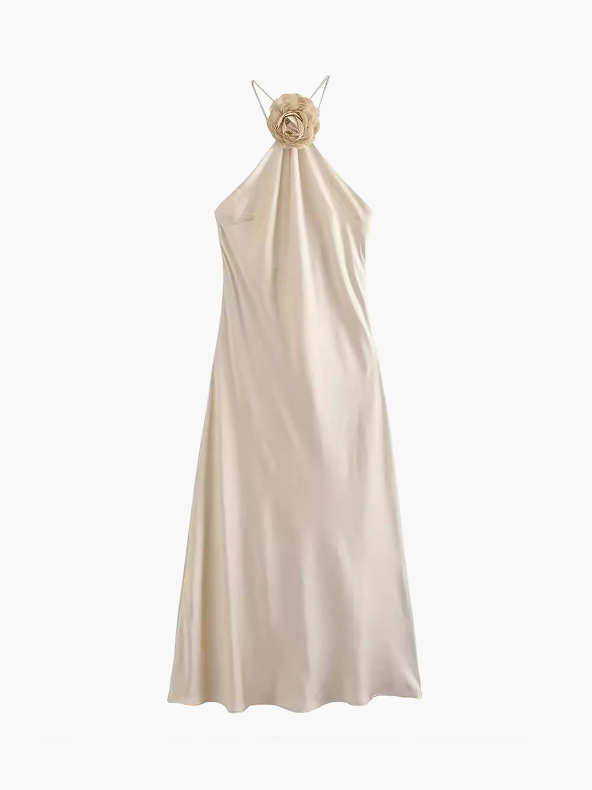 Saten Gül Desenli Halter Yaka Midi Elbise