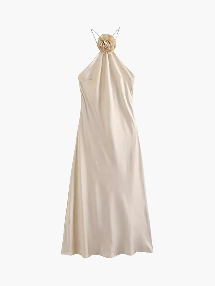 Saten Gül Desenli Halter Yaka Midi Elbise