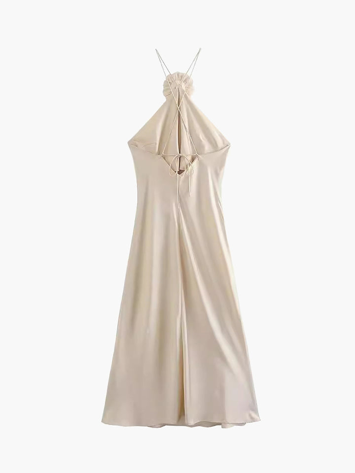 Saten Gül Desenli Halter Yaka Midi Elbise