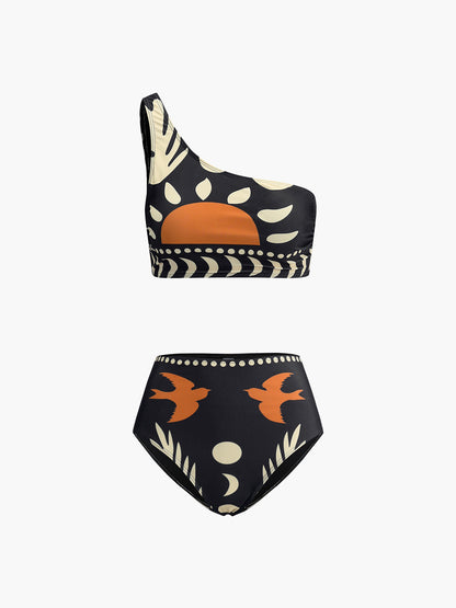 Desenli Asimetrik Yaka Bikini Takımı