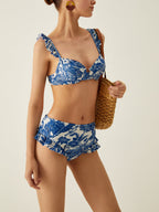 Desenli Fırfırlı Bikini Takımı