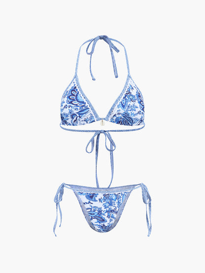Desenli Halter Bağlamalı Bikini Takımı